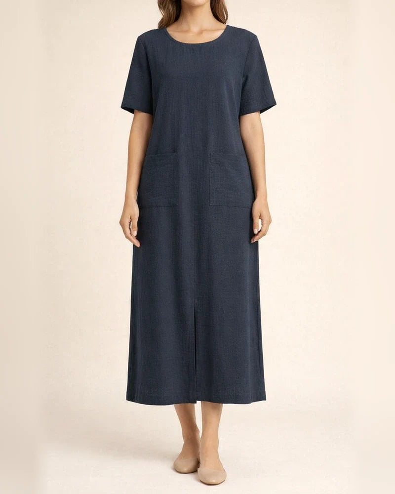 Summer Women's Cotton-Linen Blend Solid Color Loose-Fit Crew Neck Short Sleeve Asymmetric Hem Dress | JRSEE:d4566792-d309-4f58-9363-94111b183204