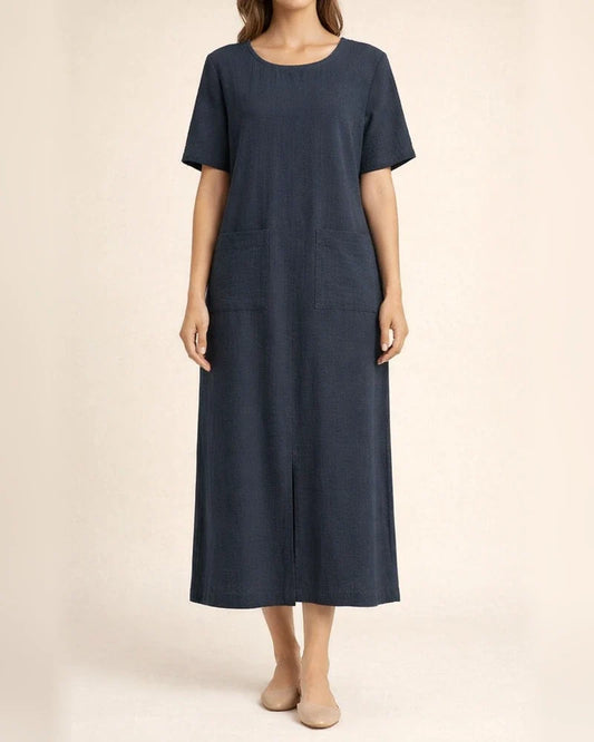 Summer Women's Cotton-Linen Blend Solid Color Loose-Fit Crew Neck Short Sleeve Asymmetric Hem Dress | JRSEE:d4566792-d309-4f58-9363-94111b183204