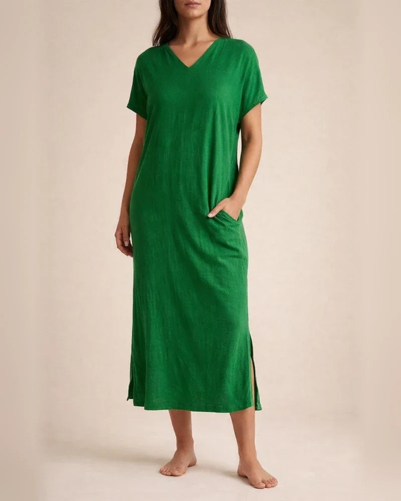 Summer Women's New Cotton and Linen V-neck Short-sleeved Slit Loose Dress V-neck Solid Color Mid-length Skirt | JRSEE:6f57a426-7d8b-449e-bfcc-db4f146298fc