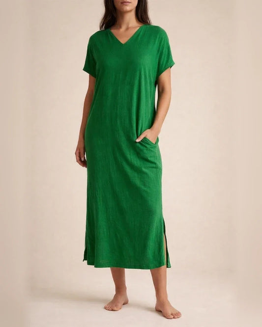 Summer Women's New Cotton and Linen V-neck Short-sleeved Slit Loose Dress V-neck Solid Color Mid-length Skirt | JRSEE:6f57a426-7d8b-449e-bfcc-db4f146298fc