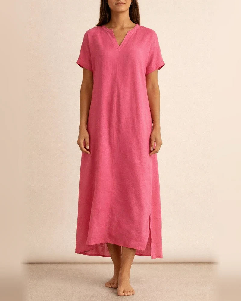 Summer Women's New Cotton and Linen V-neck Short-sleeved Slit Loose Dress V-neck Solid Color Mid-length Skirt | JRSEE:2cb4539c-cd19-49e6-a33c-ada18abdc43c