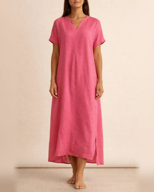 Summer Women's New Cotton and Linen V-neck Short-sleeved Slit Loose Dress V-neck Solid Color Mid-length Skirt | JRSEE:2cb4539c-cd19-49e6-a33c-ada18abdc43c