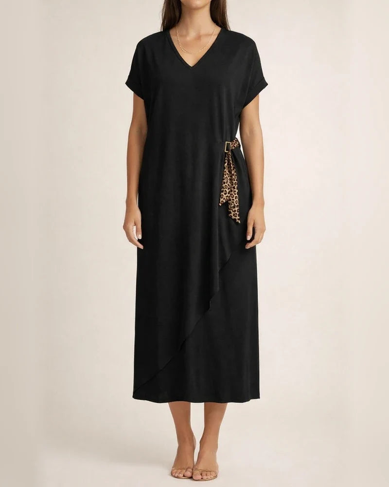 Summer Women's New Cotton and Linen V-neck Short-sleeved Slit Loose Dress V-neck Solid Color Mid-length Skirt | JRSEE:bded8105-4582-4fab-8227-45d1c72816ed