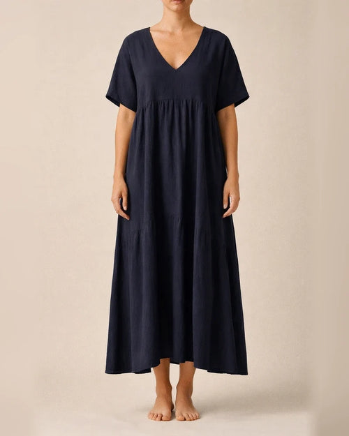 Summer Women's New V-neck Irregular Long Swing Solid Color Dresses | JRSEE:edd08798-ef05-4557-8e88-ff0605ca41cb