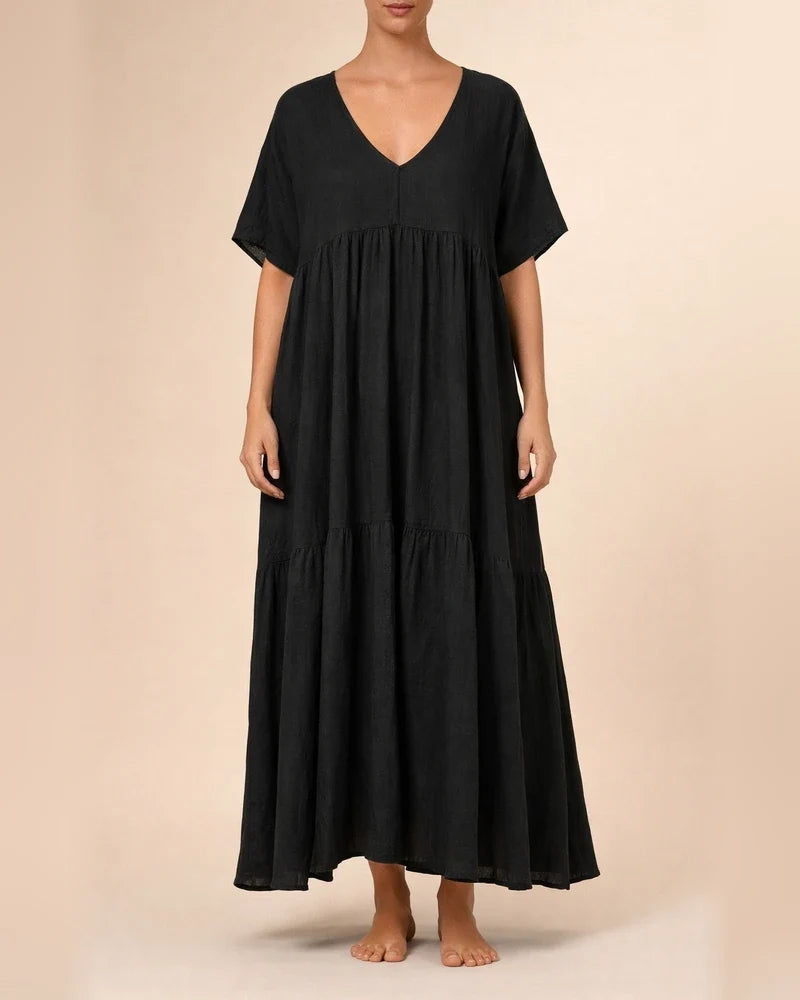 Summer Women's New V-neck Irregular Long Swing Solid Color Dresses | JRSEE:81524482-481c-4ab3-8e82-71f1b7945db7
