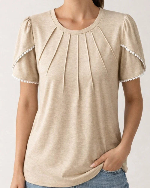 Summer Women's Round Neck Solid Color Pressed Pleated Short Sleeve Lace Casual T-shirt Shirt Khaki Blue Green Gray White Pink | JRSEE:c19b3300-a592-44b5-9c59-861d8545164c