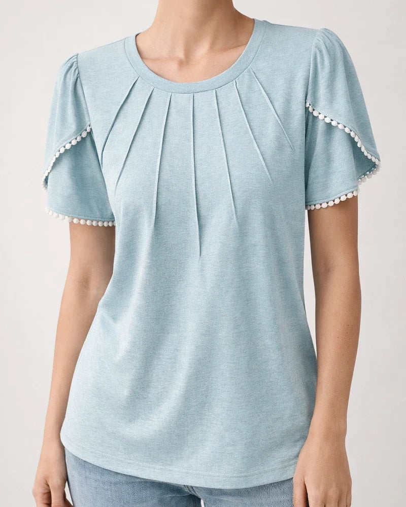 Summer Women's Round Neck Solid Color Pressed Pleated Short Sleeve Lace Casual T-shirt Shirt Khaki Blue Green Gray White Pink | JRSEE:6609b02c-2d58-4e9c-ba3b-aa0284e71340