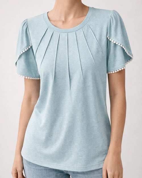 Summer Women's Round Neck Solid Color Pressed Pleated Short Sleeve Lace Casual T-shirt Shirt Khaki Blue Green Gray White Pink | JRSEE:6609b02c-2d58-4e9c-ba3b-aa0284e71340