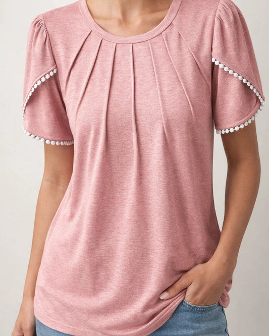 Summer Women's Round Neck Solid Color Pressed Pleated Short Sleeve Lace Casual T-shirt Shirt Khaki Blue Green Gray White Pink | JRSEE:6c8dbfe2-5129-416d-8f41-b8e8d63d2ccb