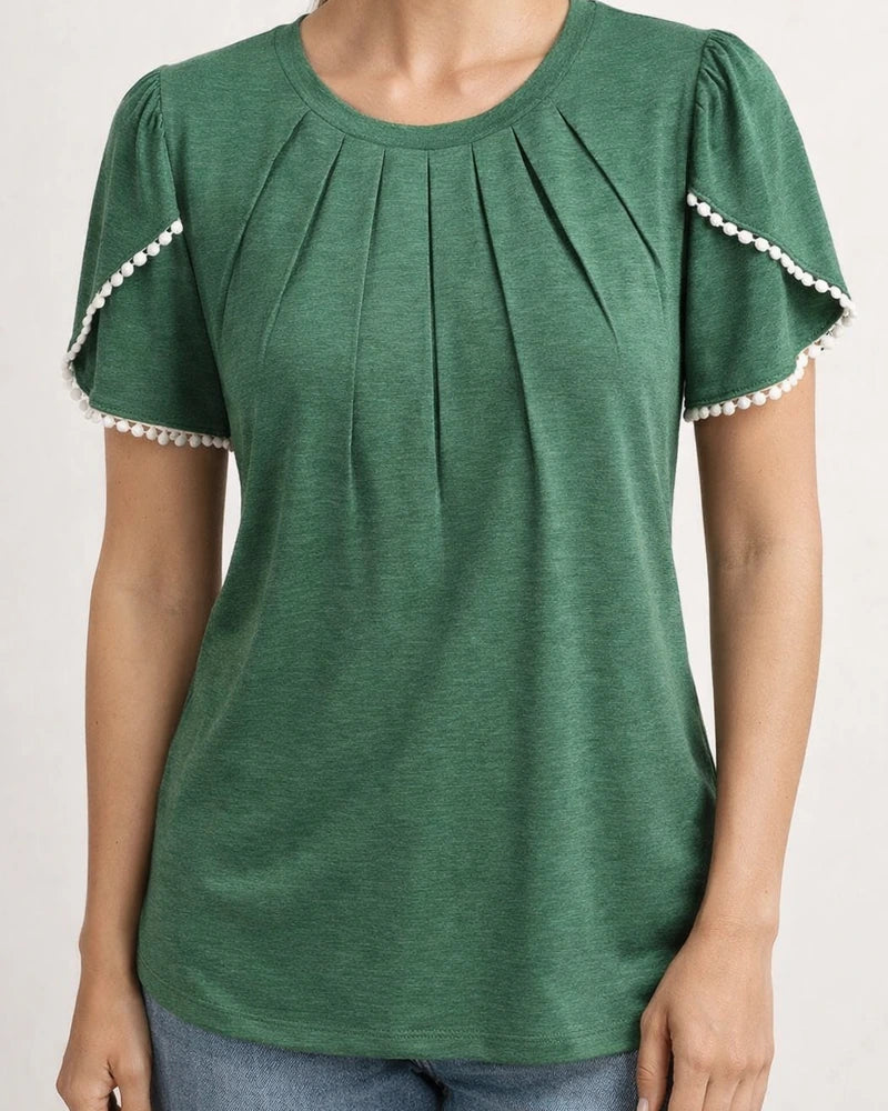 Summer Women's Round Neck Solid Color Pressed Pleated Short Sleeve Lace Casual T-shirt Shirt Khaki Blue Green Gray White Pink | JRSEE:bff42373-12e5-46f9-a1b8-4b35f323fc07