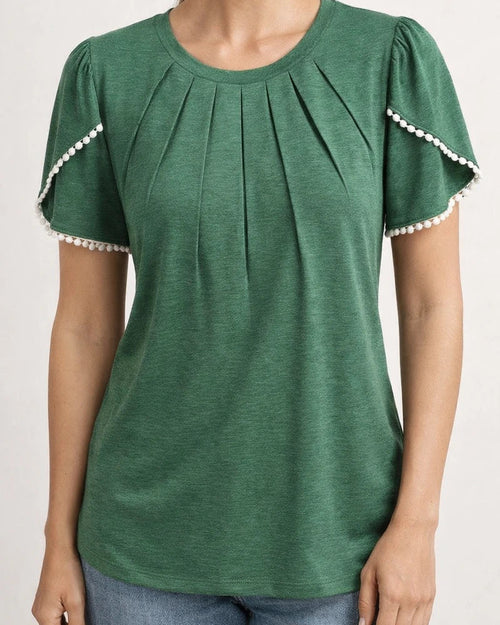 Summer Women's Round Neck Solid Color Pressed Pleated Short Sleeve Lace Casual T-shirt Shirt Khaki Blue Green Gray White Pink | JRSEE:bff42373-12e5-46f9-a1b8-4b35f323fc07