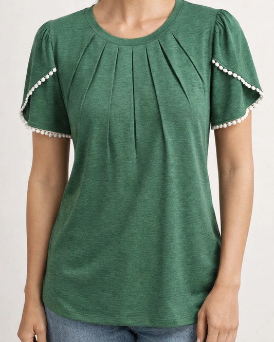 Summer Women's Round Neck Solid Color Pressed Pleated Short Sleeve Lace Casual T-shirt Shirt Khaki Blue Green Gray White Pink | JRSEE:bff42373-12e5-46f9-a1b8-4b35f323fc07