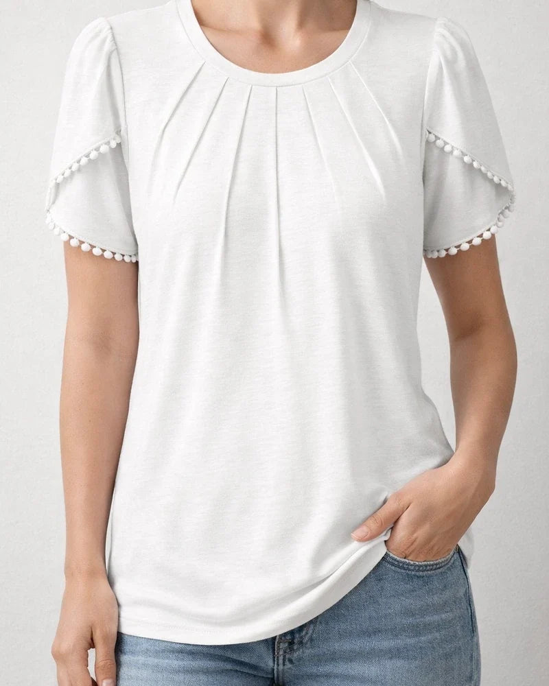 Summer Women's Round Neck Solid Color Pressed Pleated Short Sleeve Lace Casual T-shirt Shirt Khaki Blue Green Gray White Pink | JRSEE:8866be54-7857-482c-8dfb-eb8c0e78e2f4