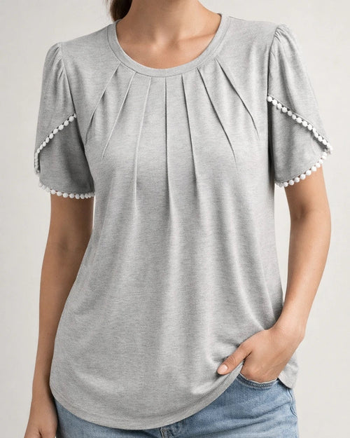 Summer Women's Round Neck Solid Color Pressed Pleated Short Sleeve Lace Casual T-shirt Shirt Khaki Blue Green Gray White Pink | JRSEE:0450c631-3b77-49f8-823d-83445755c0ff
