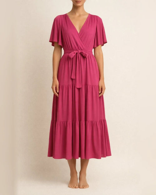 Summer Women's Short-sleeved Lace-up Range Dress Long Dress Solid Color Casual Swing Skirt | JRSEE:8943cfb9-e163-4712-8f70-af4136842695