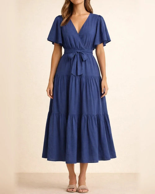 Summer Women's Short-sleeved Lace-up Range Dress Long Dress Solid Color Casual Swing Skirt | JRSEE:8e2b90dc-d8c2-4819-b301-c0e680728007