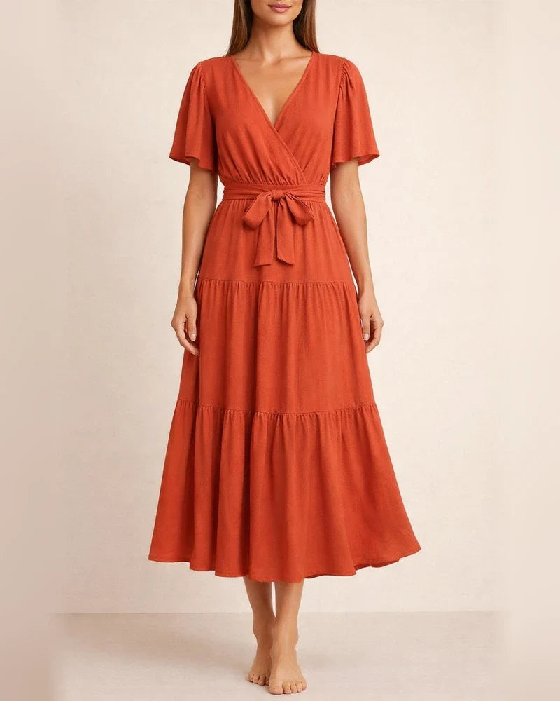 Summer Women's Short-sleeved Lace-up Range Dress Long Dress Solid Color Casual Swing Skirt | JRSEE:1508b3b9-5cb1-41d2-9b06-a242cadf2b60