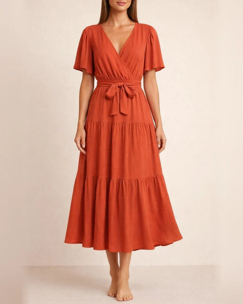 Summer Women's Short-sleeved Lace-up Range Dress Long Dress Solid Color Casual Swing Skirt | JRSEE:1508b3b9-5cb1-41d2-9b06-a242cadf2b60