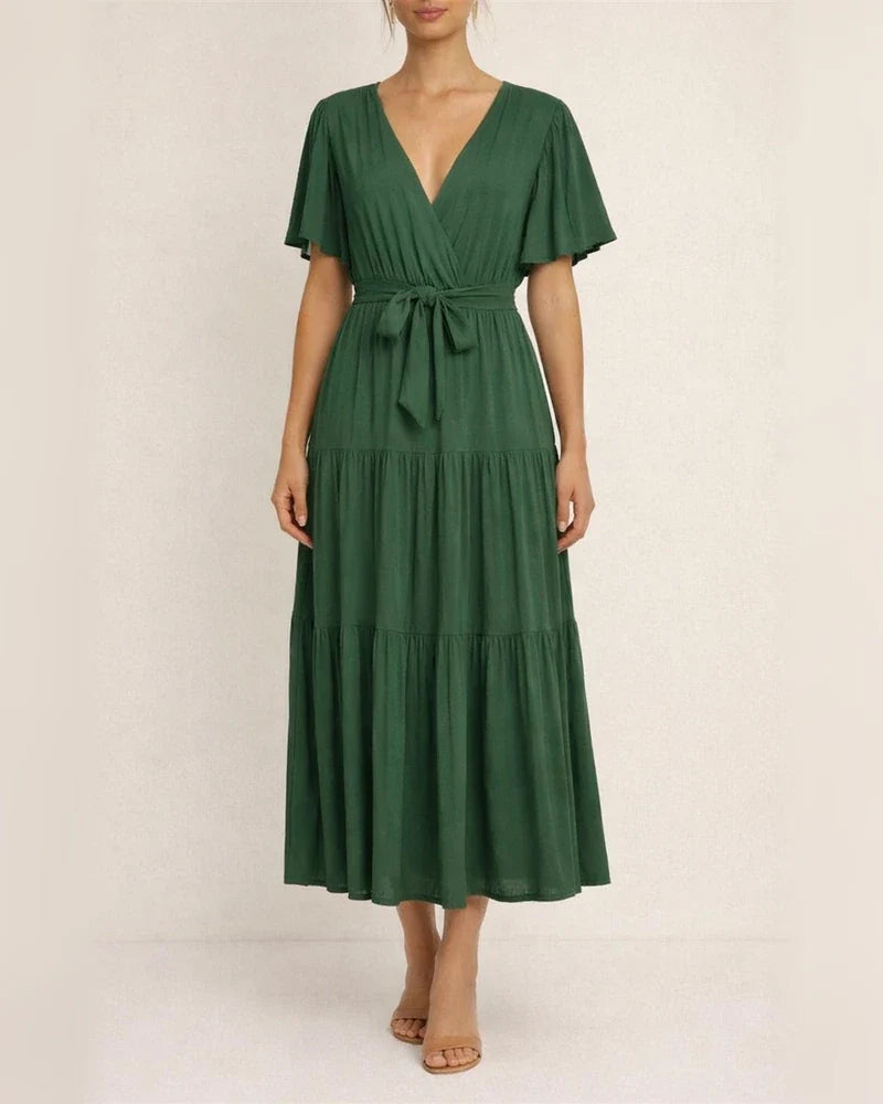 Summer Women's Short-sleeved Lace-up Range Dress Long Dress Solid Color Casual Swing Skirt | JRSEE:daa0d7a7-f5c4-414e-b1bc-e8cb7393f338