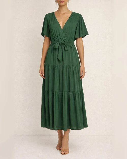 Summer Women's Short-sleeved Lace-up Range Dress Long Dress Solid Color Casual Swing Skirt | JRSEE:daa0d7a7-f5c4-414e-b1bc-e8cb7393f338