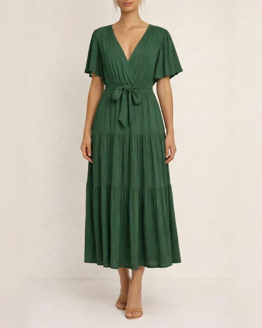 Summer Women's Short-sleeved Lace-up Range Dress Long Dress Solid Color Casual Swing Skirt | JRSEE:daa0d7a7-f5c4-414e-b1bc-e8cb7393f338