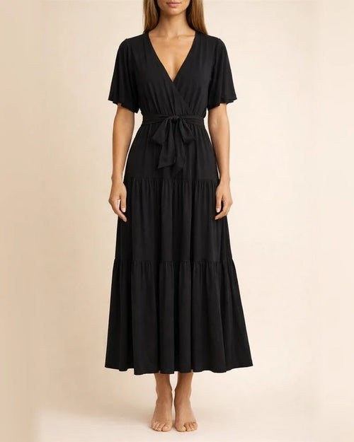 Summer Women's Short-sleeved Lace-up Range Dress Long Dress Solid Color Casual Swing Skirt | JRSEE:c504cd4a-c1c4-4ef5-9447-e4d8133c21f9
