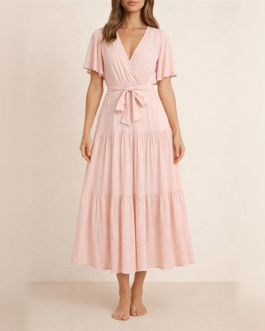 Summer Women's Short-sleeved Lace-up Range Dress Long Dress Solid Color Casual Swing Skirt | JRSEE:2c046e04-8fde-40c6-b0ea-88bddcf35e5e
