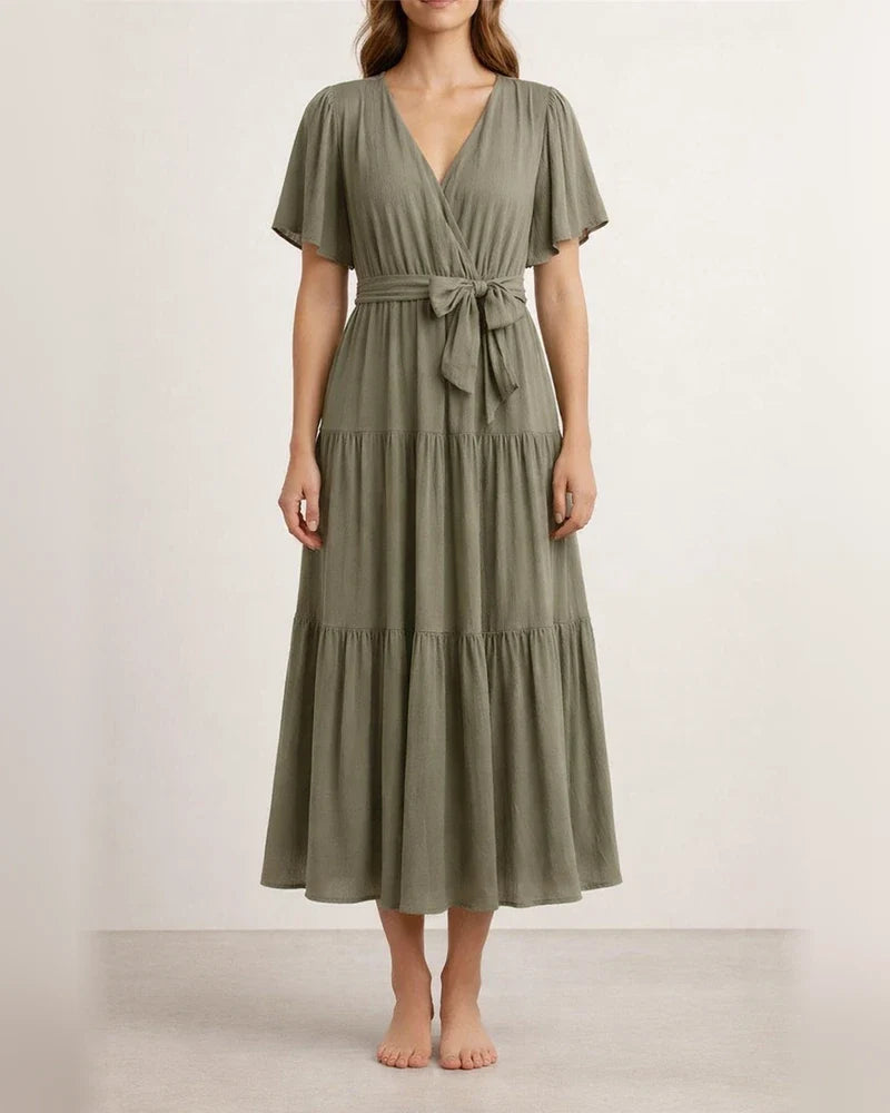 Summer Women's Short-sleeved Lace-up Range Dress Long Dress Solid Color Casual Swing Skirt | JRSEE:c359b8bb-33ef-469c-b0cc-58f37070a070