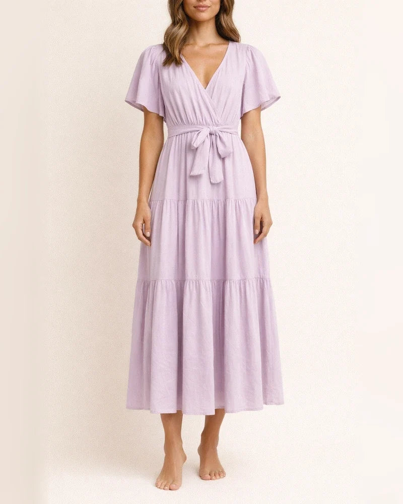Summer Women's Short-sleeved Lace-up Range Dress Long Dress Solid Color Casual Swing Skirt | JRSEE:fd896b06-07c5-47ef-9356-5ffa3046efe4