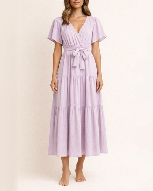 Summer Women's Short-sleeved Lace-up Range Dress Long Dress Solid Color Casual Swing Skirt | JRSEE:fd896b06-07c5-47ef-9356-5ffa3046efe4
