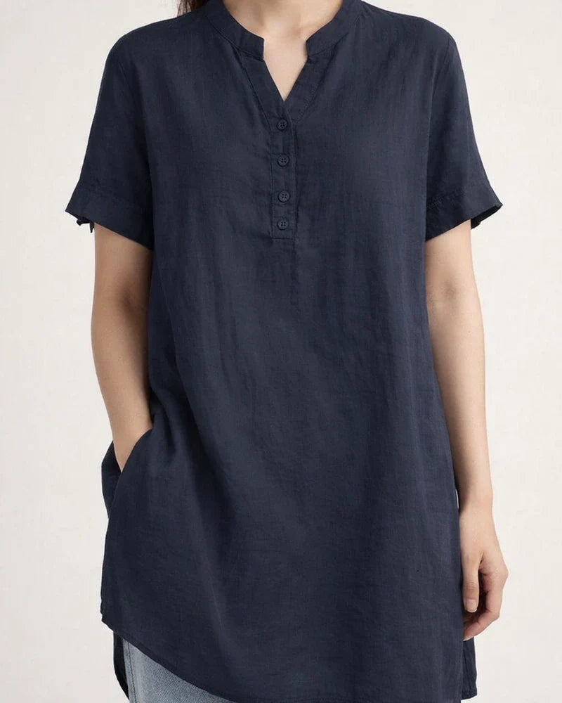 Summer Women's Solid Color Fashionable Short-Sleeve Cotton-Linen V-Neck Button-Down Top | JRSEE:81808f28-78e4-412a-be39-cf628a9d61f4
