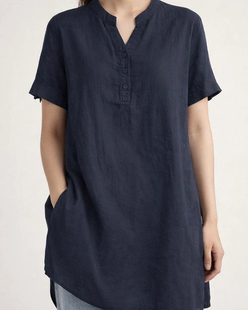 Summer Women's Solid Color Fashionable Short-Sleeve Cotton-Linen V-Neck Button-Down Top | JRSEE:81808f28-78e4-412a-be39-cf628a9d61f4