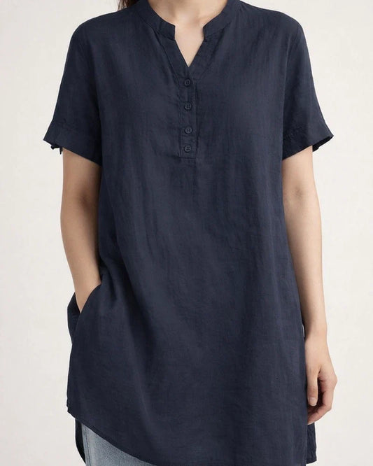 Summer Women's Solid Color Fashionable Short-Sleeve Cotton-Linen V-Neck Button-Down Top | JRSEE:81808f28-78e4-412a-be39-cf628a9d61f4