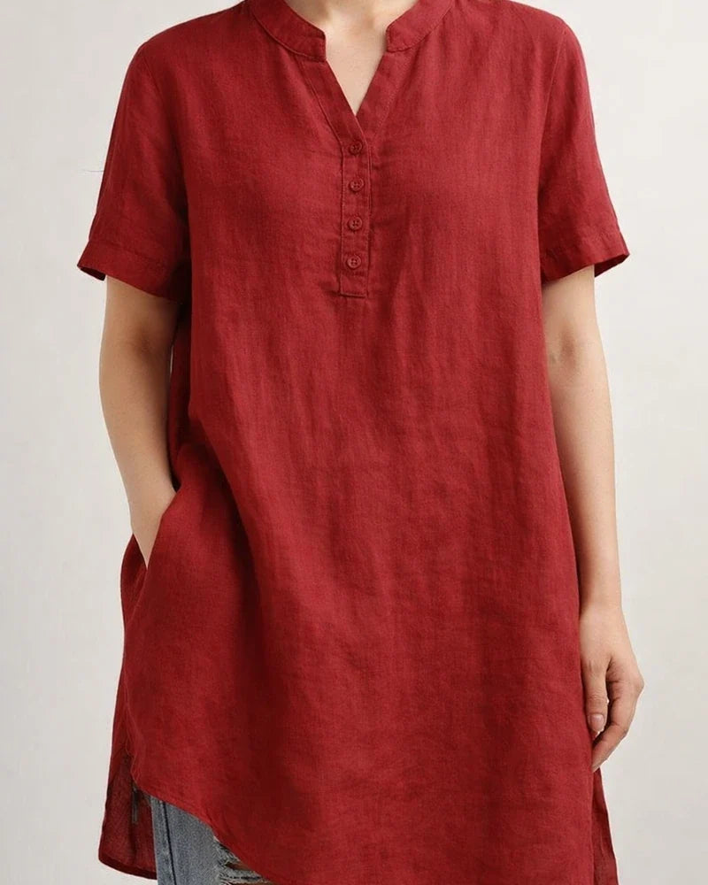 Summer Women's Solid Color Fashionable Short-Sleeve Cotton-Linen V-Neck Button-Down Top | JRSEE:dcccc25c-aa08-46da-a01d-ad7c22c66526