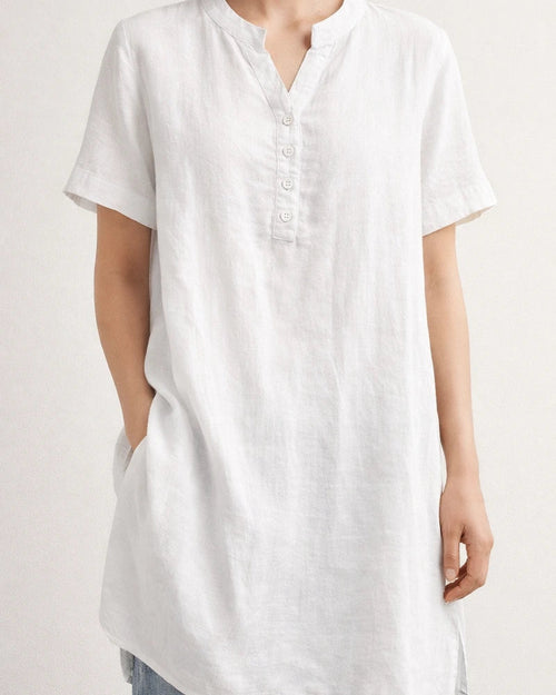 Summer Women's Solid Color Fashionable Short-Sleeve Cotton-Linen V-Neck Button-Down Top | JRSEE:f8e30f2f-fd00-4a8f-9057-18d26a99708e