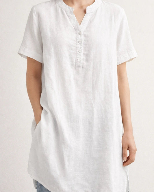 Summer Women's Solid Color Fashionable Short-Sleeve Cotton-Linen V-Neck Button-Down Top | JRSEE:f8e30f2f-fd00-4a8f-9057-18d26a99708e