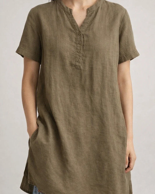 Summer Women's Solid Color Fashionable Short-Sleeve Cotton-Linen V-Neck Button-Down Top | JRSEE:84274f10-2b47-4c87-bf56-376fdb225536