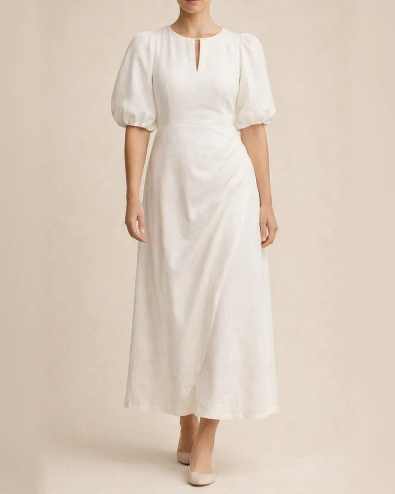 Summer Women's Solid Color Loose Casual Round Neck Bubble Sleeve Dress Long A-line Dresses | JRSEE:1e5e29a3-410d-48d7-b9dc-e5ab99122227