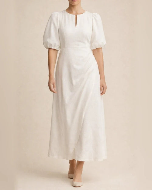 Summer Women's Solid Color Loose Casual Round Neck Bubble Sleeve Dress Long A-line Dresses | JRSEE:1e5e29a3-410d-48d7-b9dc-e5ab99122227
