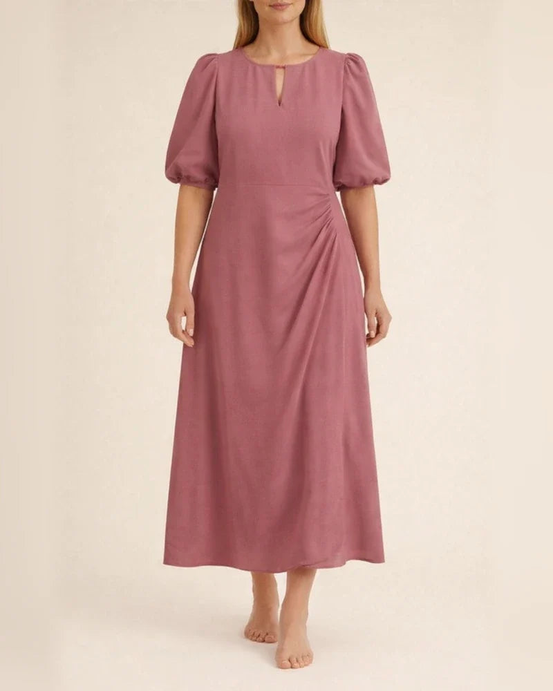 Summer Women's Solid Color Loose Casual Round Neck Bubble Sleeve Dress Long A-line Dresses | JRSEE:a265603a-39e8-47e8-adde-da4598bb394c