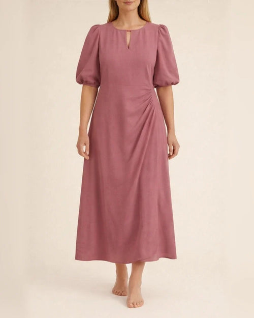 Summer Women's Solid Color Loose Casual Round Neck Bubble Sleeve Dress Long A-line Dresses | JRSEE:a265603a-39e8-47e8-adde-da4598bb394c