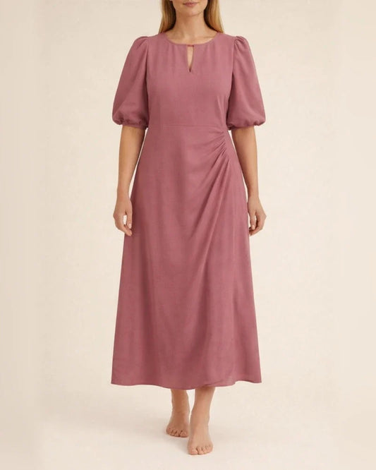 Summer Women's Solid Color Loose Casual Round Neck Bubble Sleeve Dress Long A-line Dresses | JRSEE:a265603a-39e8-47e8-adde-da4598bb394c