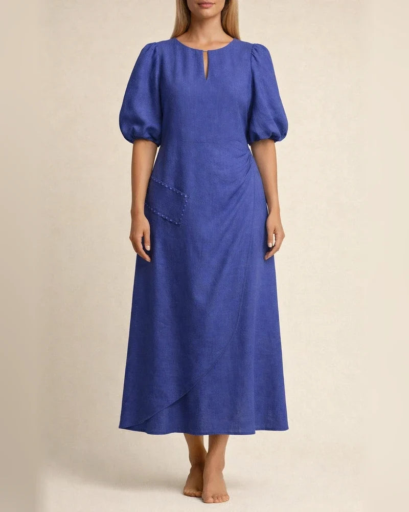 Summer Women's Solid Color Loose Casual Round Neck Bubble Sleeve Dress Long A-line Dresses | JRSEE:ba311693-22d5-4427-ae83-b4c11ad87cf6
