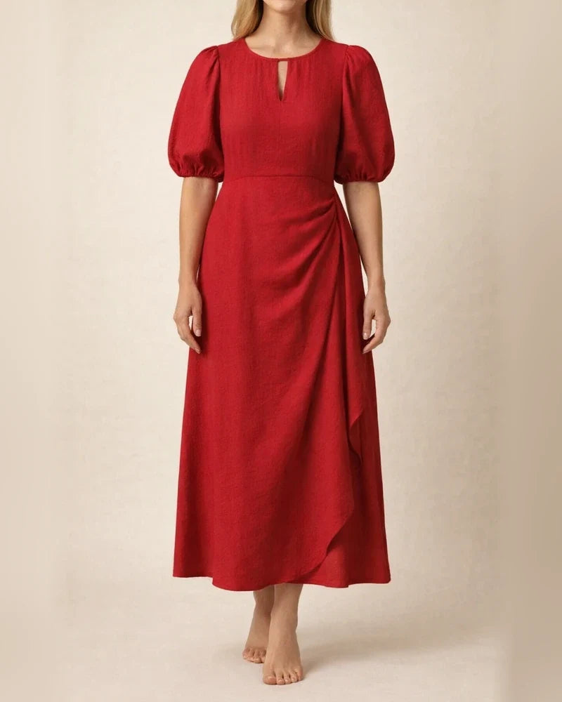 Summer Women's Solid Color Loose Casual Round Neck Bubble Sleeve Dress Long A-line Dresses | JRSEE:bfa564ec-9cc5-4523-b0d8-1e09ec43c026