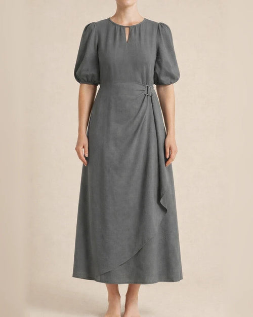 Summer Women's Solid Color Loose Casual Round Neck Bubble Sleeve Dress Long A-line Dresses | JRSEE:5240ca58-54fd-4bd3-85a3-11ee1bd29b81
