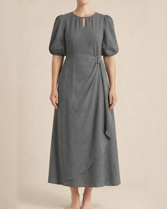 Summer Women's Solid Color Loose Casual Round Neck Bubble Sleeve Dress Long A-line Dresses | JRSEE:5240ca58-54fd-4bd3-85a3-11ee1bd29b81
