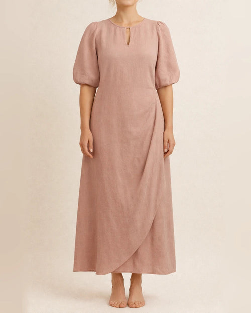 Summer Women's Solid Color Loose Casual Round Neck Bubble Sleeve Dress Long A-line Dresses | JRSEE:439c59ca-e3a7-4eaa-9990-e9f8031c8b3b