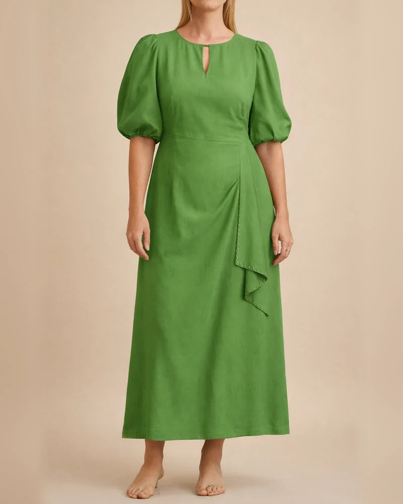 Summer Women's Solid Color Loose Casual Round Neck Bubble Sleeve Dress Long A-line Dresses | JRSEE:11c7d5cb-cfe9-4ab5-8631-ff82a5d5eeed