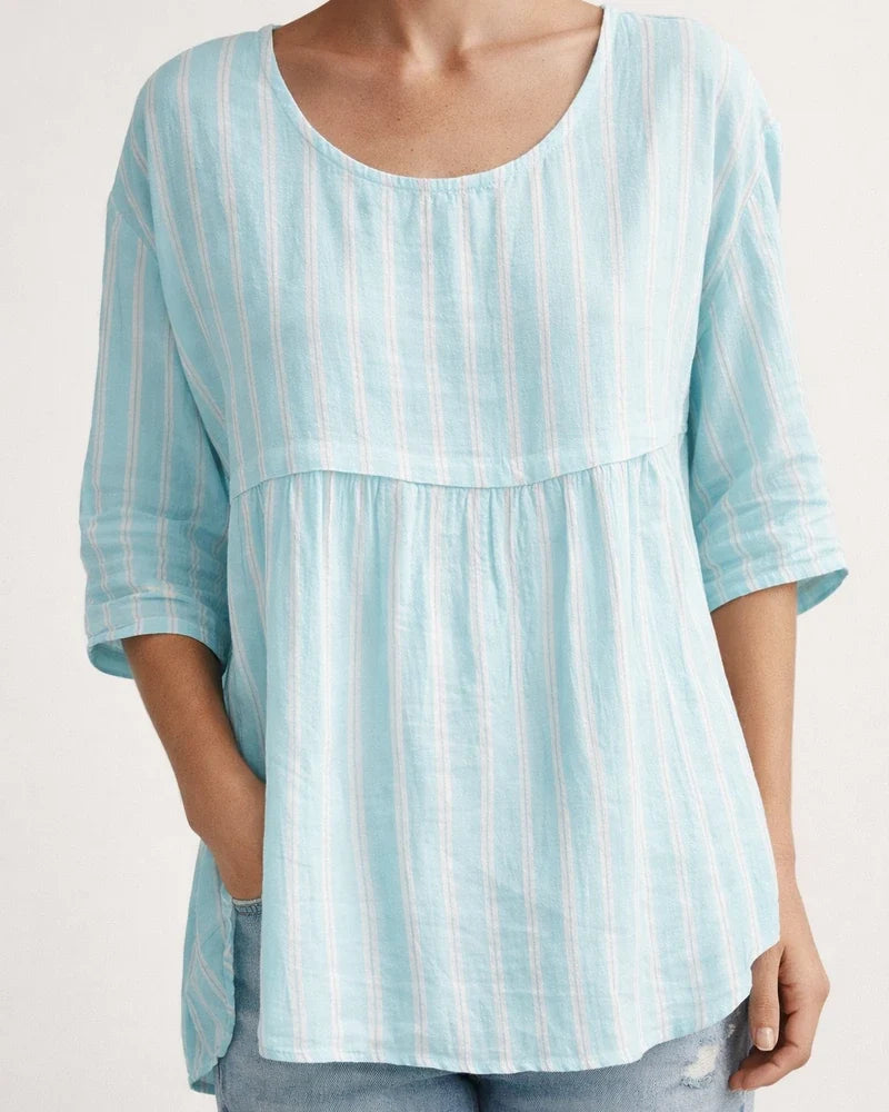 Summer Women's T-shirt Casual Printed Medium Sleeve Ruffled Round Collar Striped Tops | JRSEE:6faa0740-e23f-4f1f-af3d-dc2f78052715