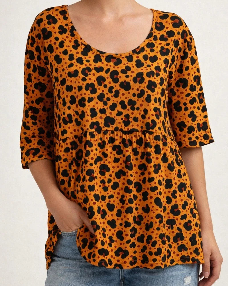 Summer Women's T-shirt Casual Printed Medium Sleeve Ruffled Round Neck Top | JRSEE:9c30d31c-2104-480a-a492-06bb01a81ef4
